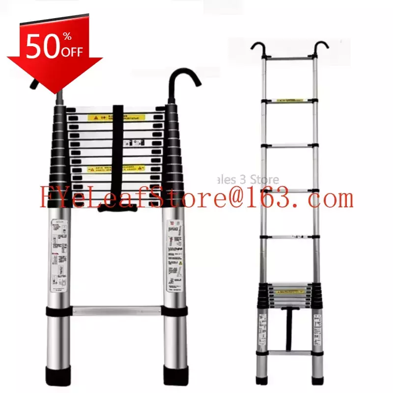 Liga de alumínio portátil única escada, telescópico doméstico dobrável, levantamento Pedal gancho, interior e exterior, 1.5m, 1.9m