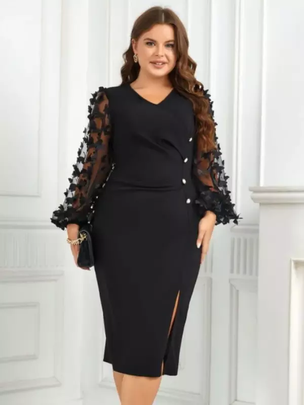 Black Midi Dresses See Through Puff Long Sleeve Butterfly Appliques Sheath Chic Evening Party Plus Size Outfits for Ladies