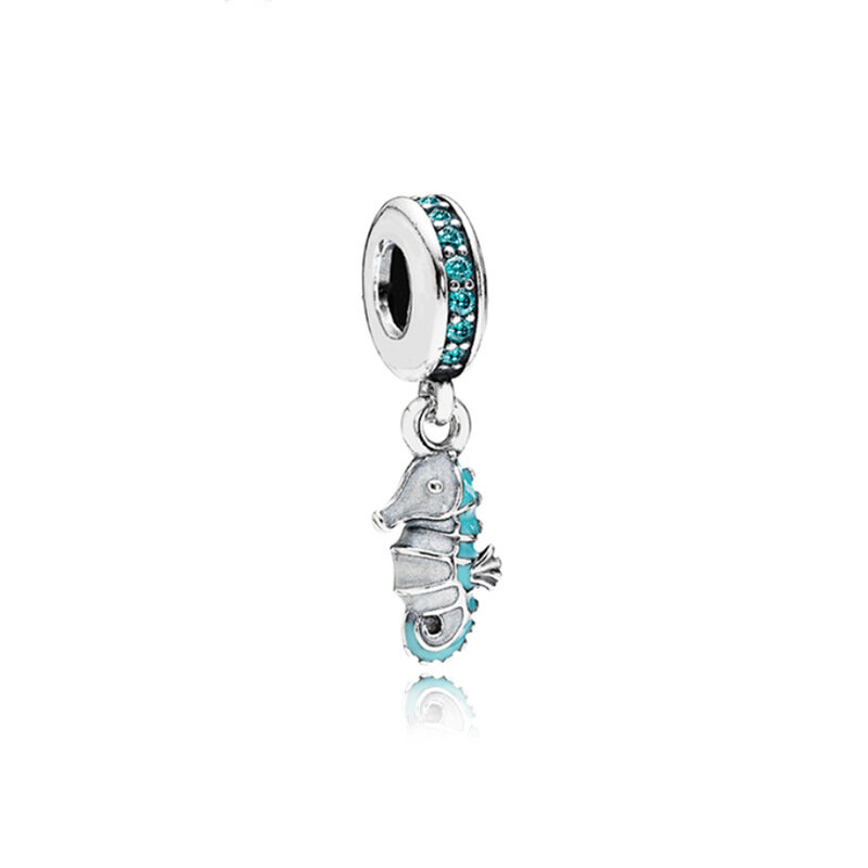 Collier Original en argent Sterling 925 pour femme, breloque en forme d'hippocampe, compatible avec le Bracelet Pandora, bleu océan, à faire soi-même
