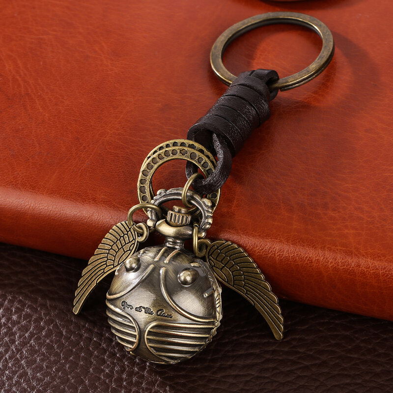 Bronze Cute Ball Shaped Quartz Keychain Pocket Watch Arabic Numerals Dial Small Pendant Pocket Clock Children Men Women