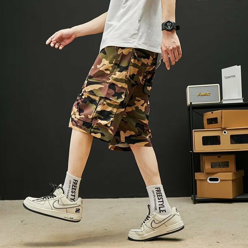 Camouflage New in Shorts Cargo abbigliamento da uomo di grandi dimensioni pantaloni multitasche da uomo estivi pantaloni corti larghi con coulisse maschio 3XL 2023
