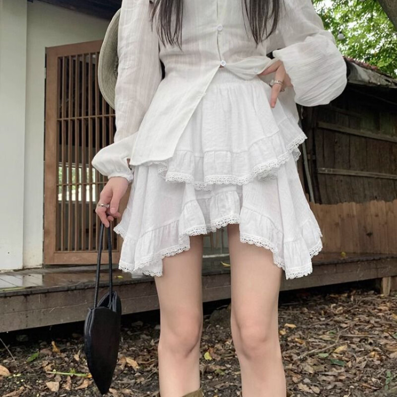 Mini saia com babados Deeptown para mulheres, kawaii, estilo japonês, saia irregular, renda doce, patchwork branco, saia curta preta casual elegante