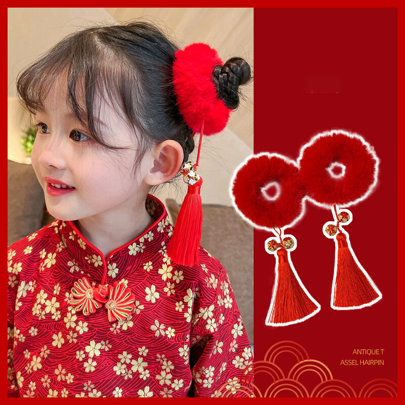 Children Red Bow Hairpin Hair Rope Simple Plush Hanfu Hair Sticks Girls Headwear Chinese Festive Hair Hoop Hair Accessories