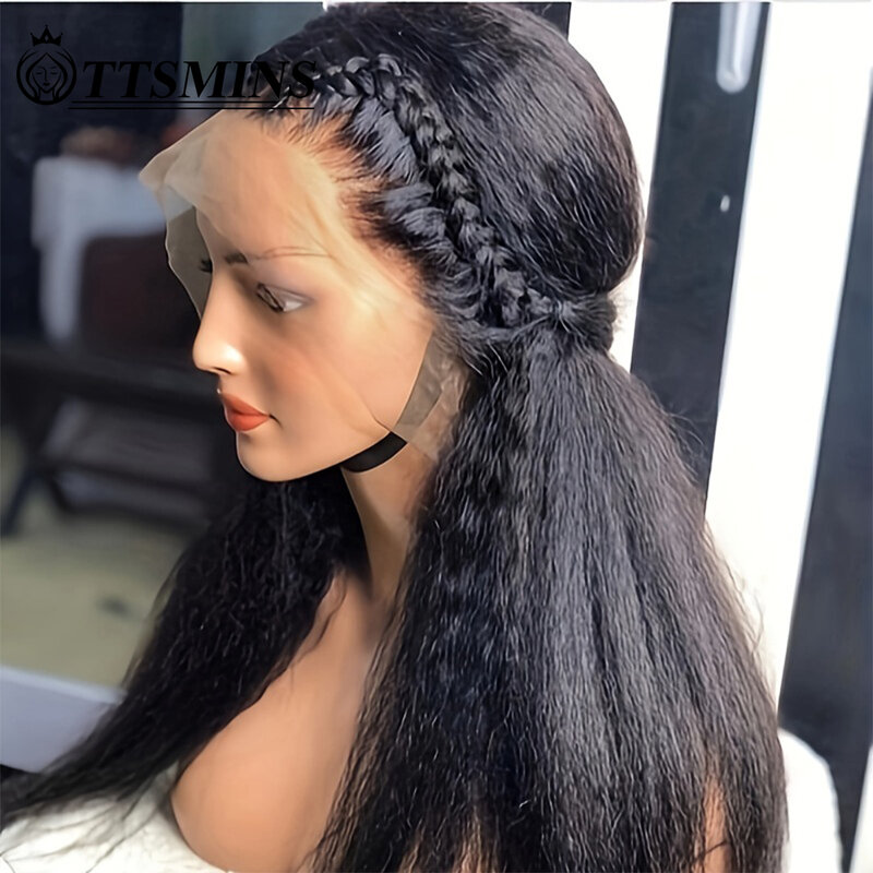 Wig rambut manusia lurus ikal Glueless untuk wanita transparan Full Yaki lurus 13X4 sebelum dipetik renda depan Wig 180% 30 34 inci