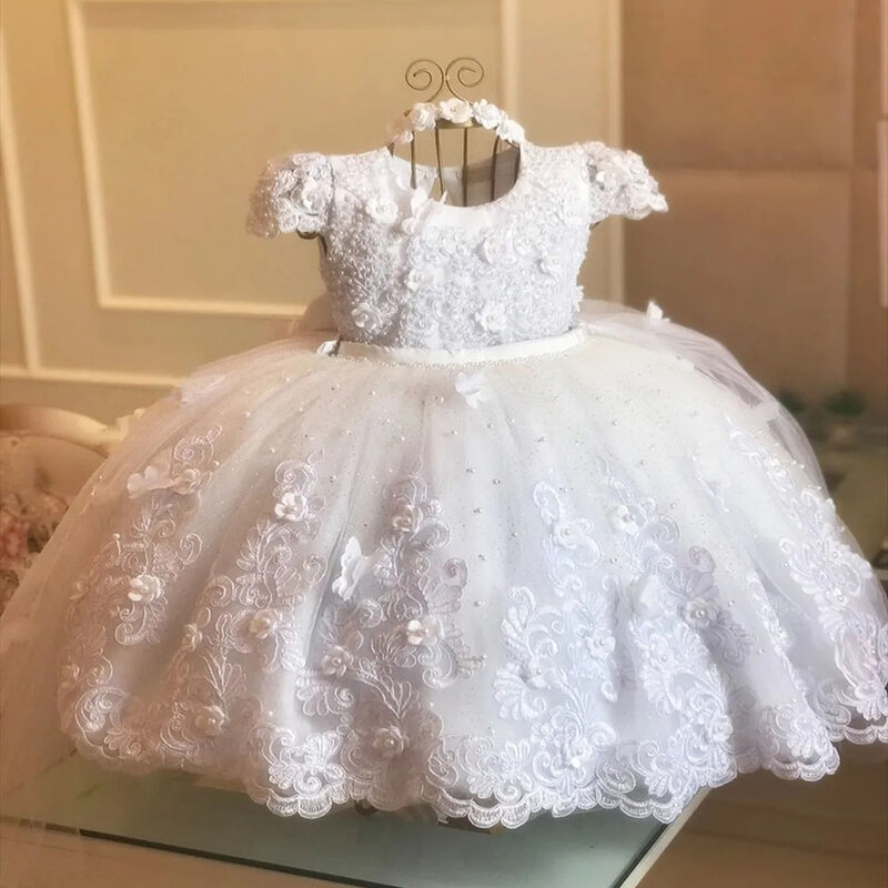 Luxury Applique Flower Girl Dress For Wedding Pearls Tulle Beading Ball Kids Pageant Gown Birthday Party First Communion Dresses