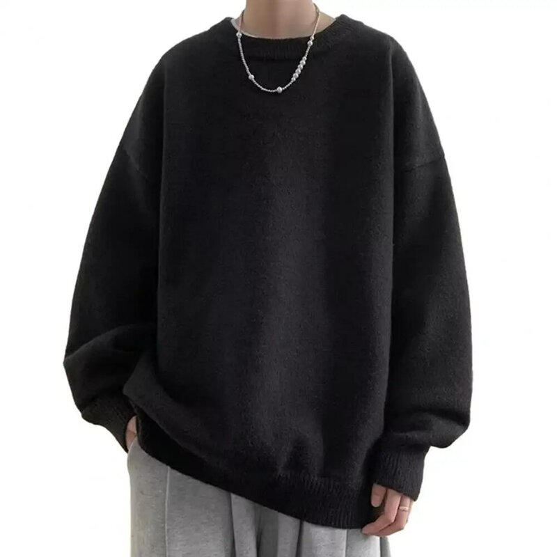 Round Neck Sweater Men's Round Neck Solid Color Sweater Thick Soft Pullover for Fall Spring Casual Style with Elastic Cuff Long