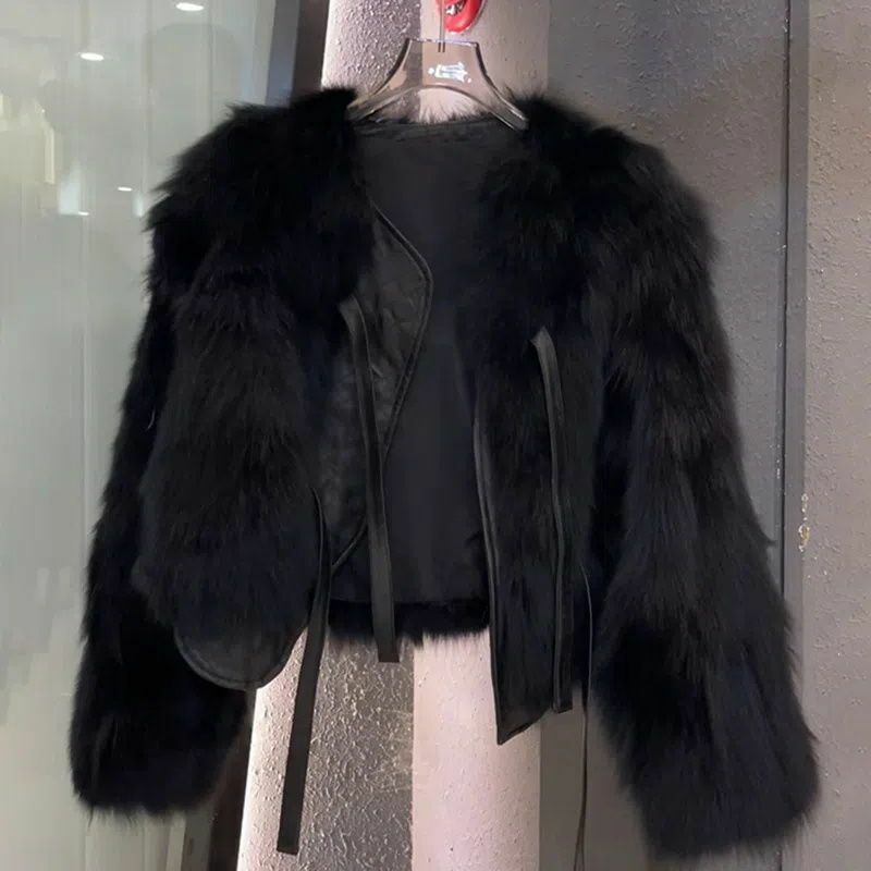 Casaco de couro feminino de pele de raposa, glamourosa jaqueta que combina com tudo, solto, grosso, quente, curto, outwear, outono, inverno, novo, 2023