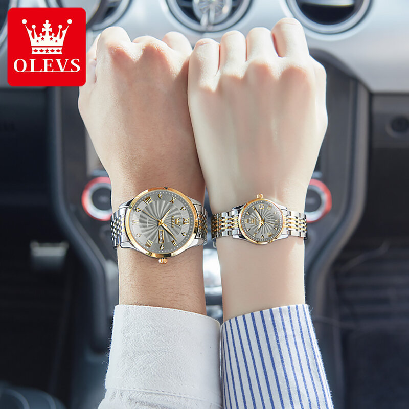 OLEVS นาฬิกาข้อมือ Jam Tangan pasangan อัตโนมัติ, หรูหราสแตนเลสสตีลกันน้ำชุดของขวัญนาฬิกาข้อมือคู่รัก