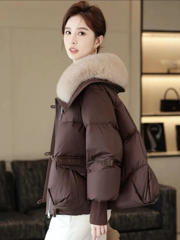女性用ダックダウンジャケット,大きくて厚い,取り外し可能な襟,小,短,ネイビーカラー,新しい冬