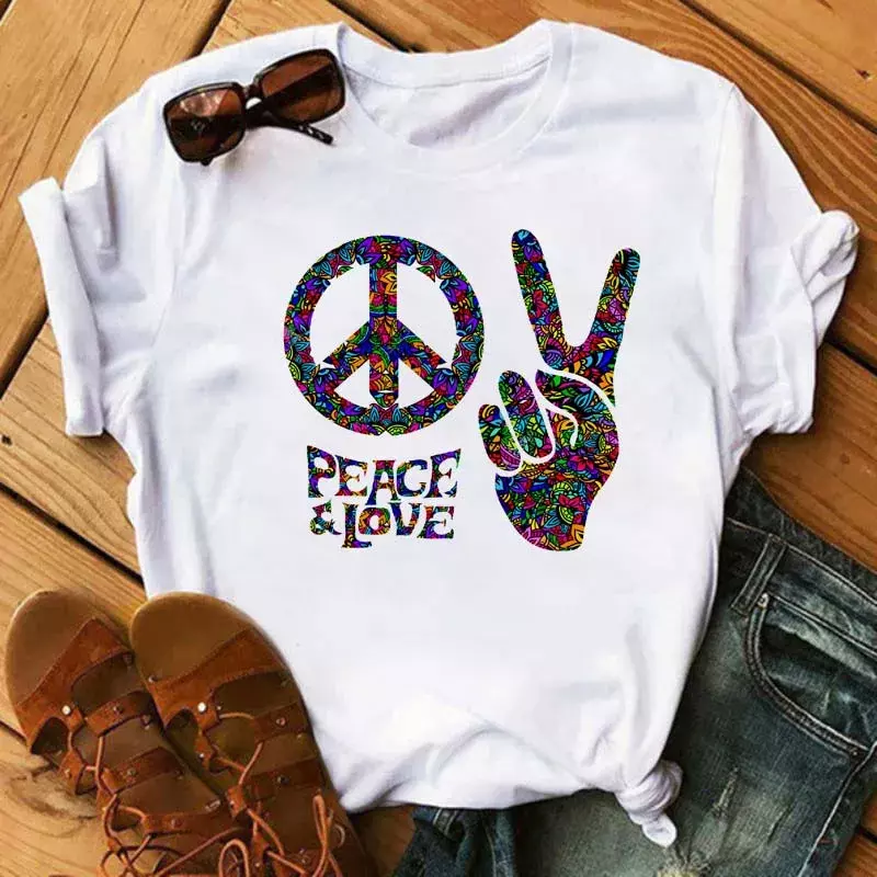 Футболка Peace Love Женская с коротким рукавом, повседневный топ для отдыха, женская одежда, на лето