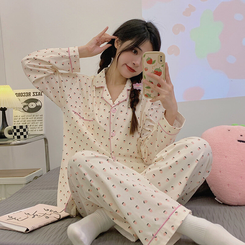 Conjunto de Pijama con estampado de 2 piezas para Mujer, ropa de dormir de manga larga con botones, para primavera, verano y otoño