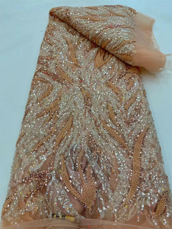 Kain renda pengantin pria bordir payet Prancis Afrika 2024 kain renda manik-manik jala Tulle 5yard untuk gaun jahit Afrika
