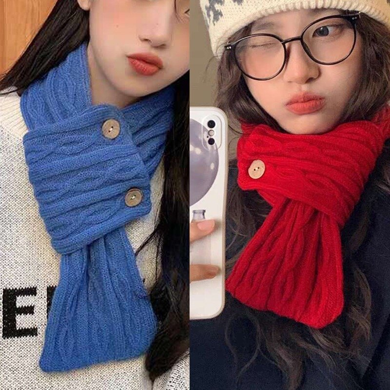 5 Colors Winter Knitted Scarf Button Cross Connection Muffler Girl Lady Outdoor Windproof Cold-proof Neck Neckerchief Bandelet
