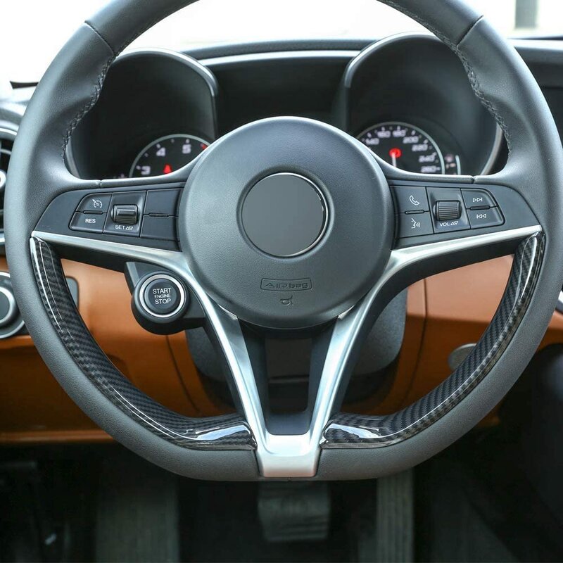 2Pcs Car Interior Steering Wheel Carbon Fiber Decorative Decor Cover Trim for Alfa Romeo Stelvio/Giulia 2016-2018