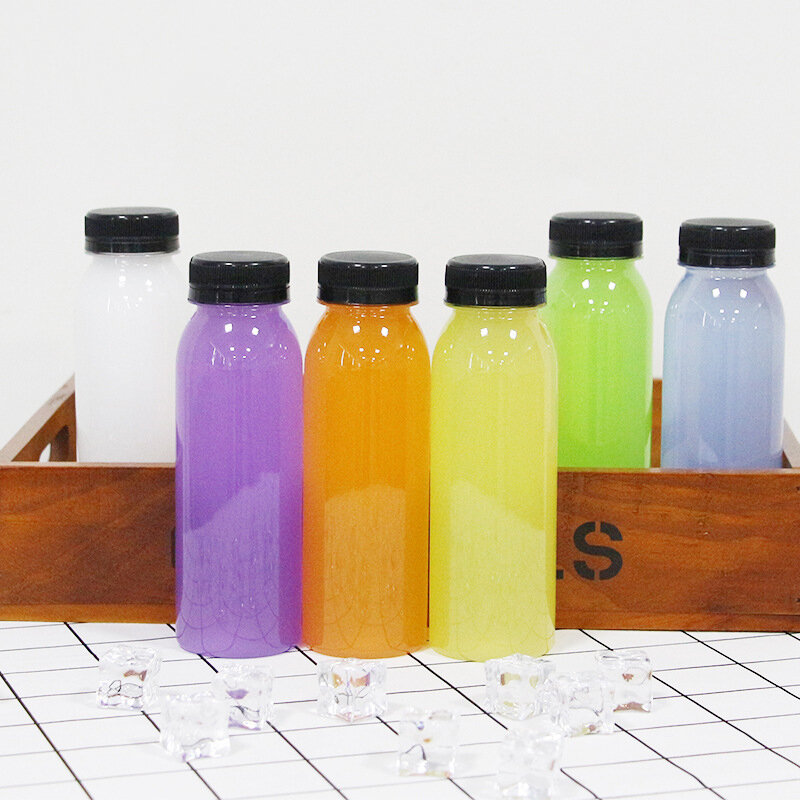 Bottiglie vuote per bevande da 250ml bottiglie per succhi di frutta contenitori trasparenti per animali domestici con coperchi per bottiglia di plastica per frutta e latte di succo