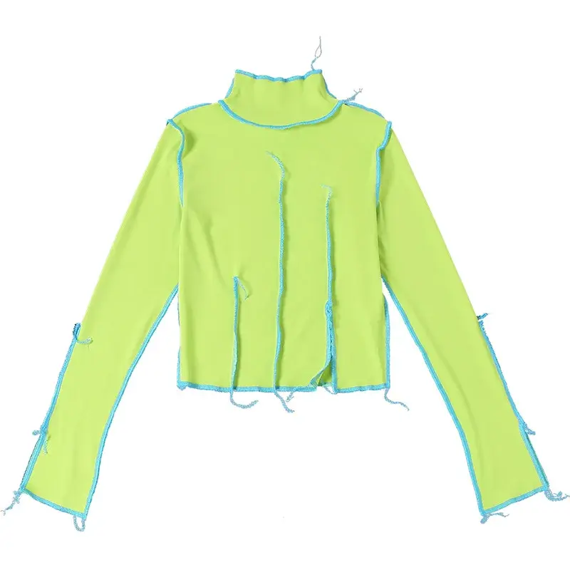 Nowy damski okrągły dekolt z długim rękawem kontrastujące kolorowe szwy Temperament Slim t-shirt damski 2023 nowa moda jesień zima