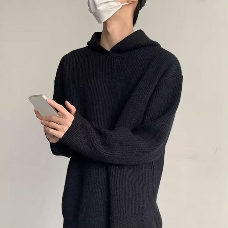 Pullover Sweater Cozy Hooded Men's Knitted Sweater with Side Split Retro Casual Pullover Warm Mid Length Winter Fall Style