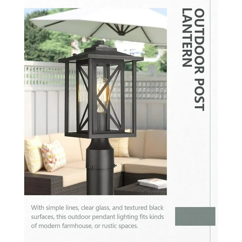 Luci per palo da giardino, lanterna per palo esterno con finitura nera con vetro trasparente, luce per pali da esterno a 1 luce