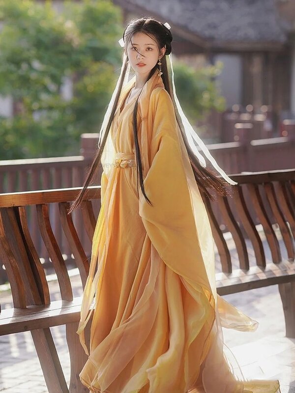 女性のための中国の妖精の漢服ドレス,黄色,エレガント,広い袖,フォーク,ダンス,カーニバル,コスプレスーツ