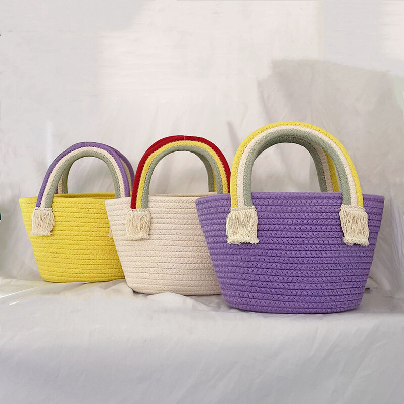 Women's Summer Bag Rainbow Top Handle Handbags Cotton Woven Bags Soft Beach Bags Children's Seaside Holiday Bags Sweet Style