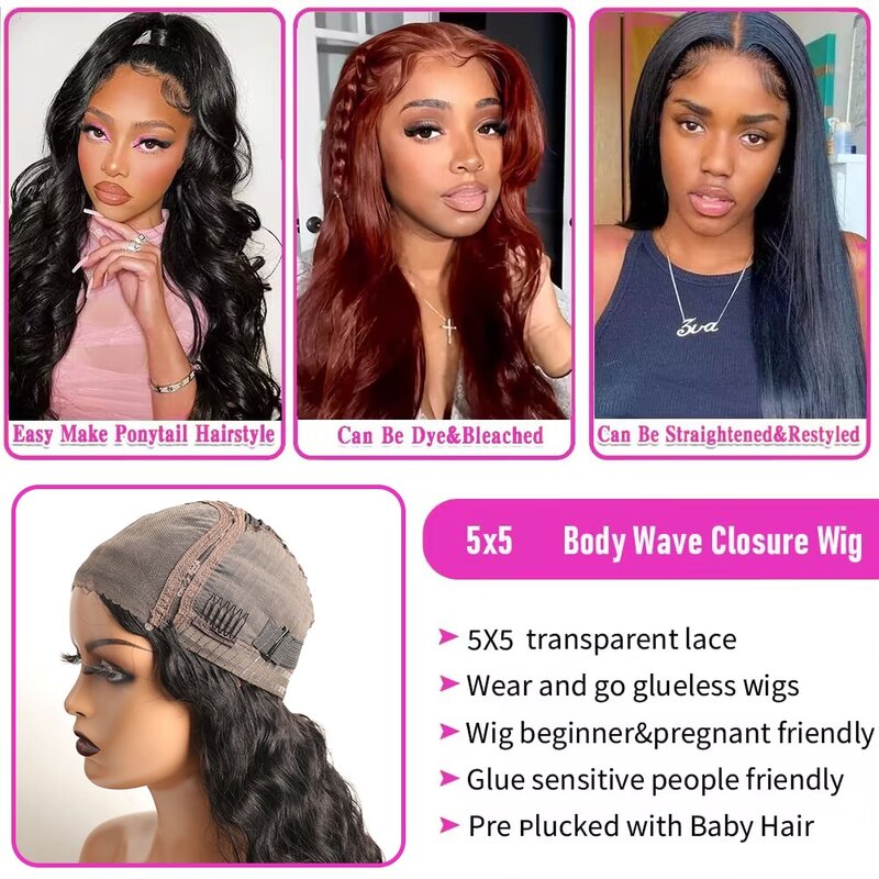 Perruque Lace Closure Wig Body Wave Remy naturelle, Wear and Go, sans colle, pre-plucked, avec baby hair, avec baby hair, wig