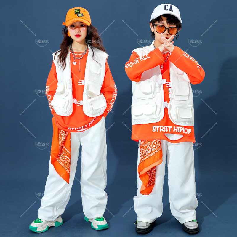 Dziecięcy taniec uliczny odzież hiphopowa biała kamizelka pomarańczowa bluza spodnie dziewczyna chłopiec bęben strój na występy jazzowe kostium sceniczny