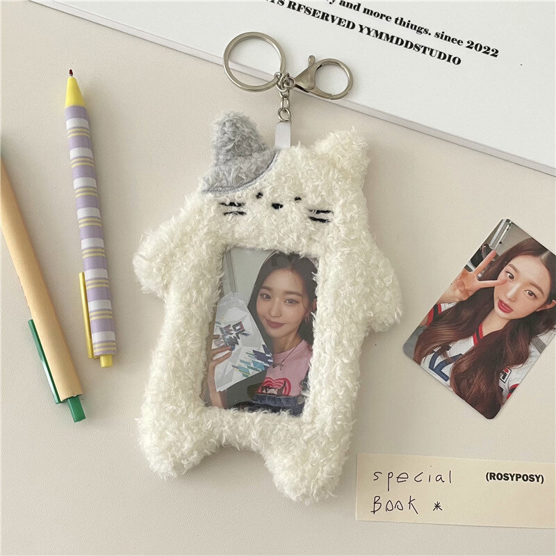 Etui na zdjęcie w słodki kociak pluszowy królik koreański pokrowiec na zdjęcie z rękawem etui na dowód tożsamości studenckiego z breloczkiem