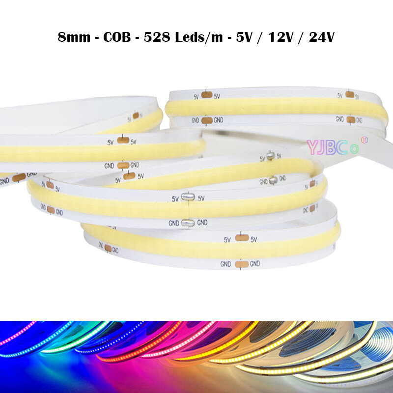Fita LED de Fita Flexível COB, 528LEDs por m, 5m, 5m, 8mm, FPCB, Branco, Quente, Branco Natural, Azul, Ice Blue, Vermelho, Verde, rosa, 5v, 12v, 24v