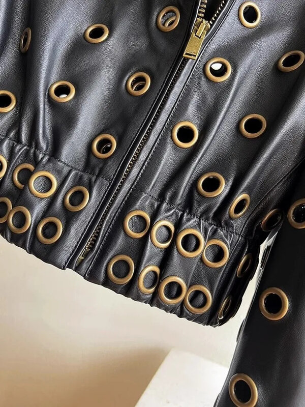 Punk Streetwear Women Genuine Leather Motorcycle Jacket Spring Fashion Hole Stand Collar Sheepskin Short Coat Casual Outerwear