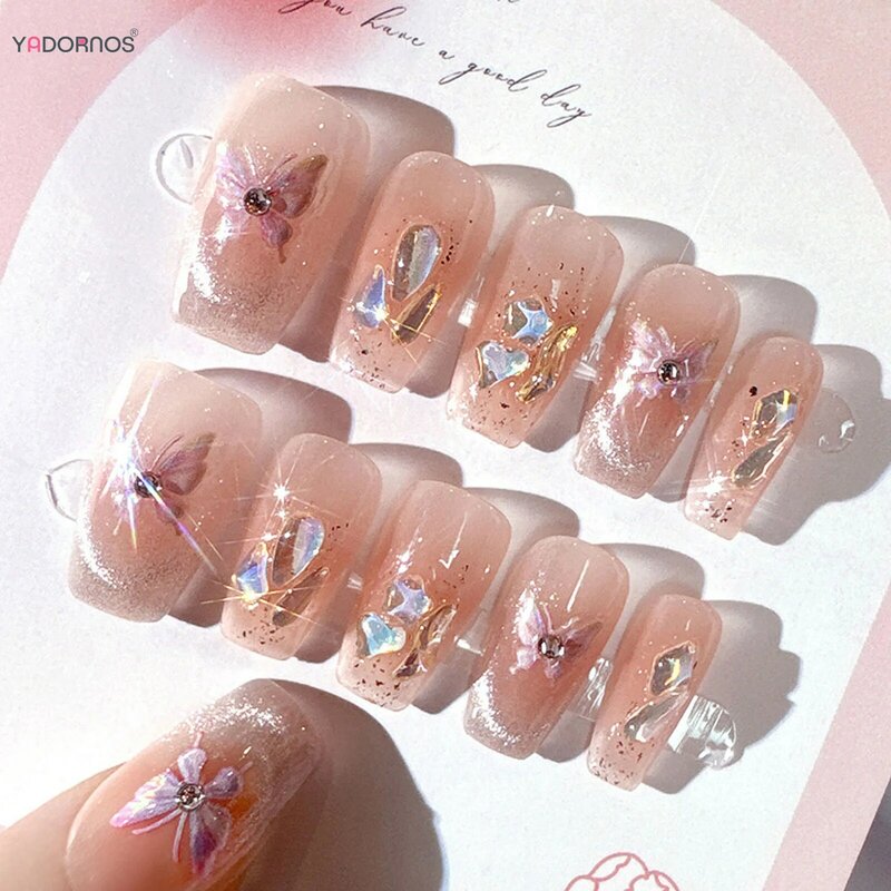 Blush Pink Handmade Fake Nails Cat's Eyes Gliiter Sequins Design Press on Nails Butterfly Printed Wearable False Nails Tips