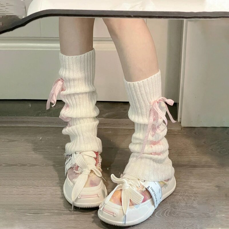 Calentadores de piernas con cinta Lolita para mujer, calcetines largos de punto JK, negro, blanco, Otoño e Invierno