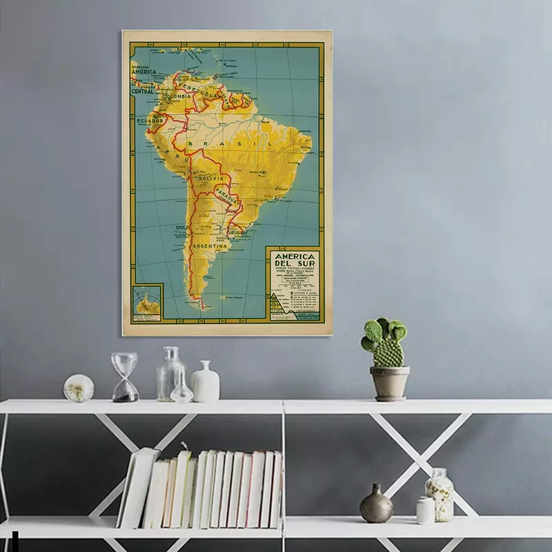 100*150cm 스페인어에서 남아메리카의 정치지도 빈티지 포스터 스프레이 캔버스 회화 거실 홈 장식 학교 용품