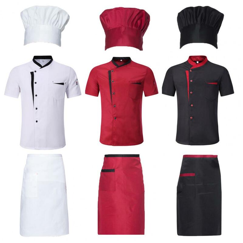 Setelan koki restoran, baju koki profesional, baju koki dapur, Hotel, setelan seragam koki bersirkulasi dengan kerah berdiri, topi celemek, baju lengan pendek untuk restoran