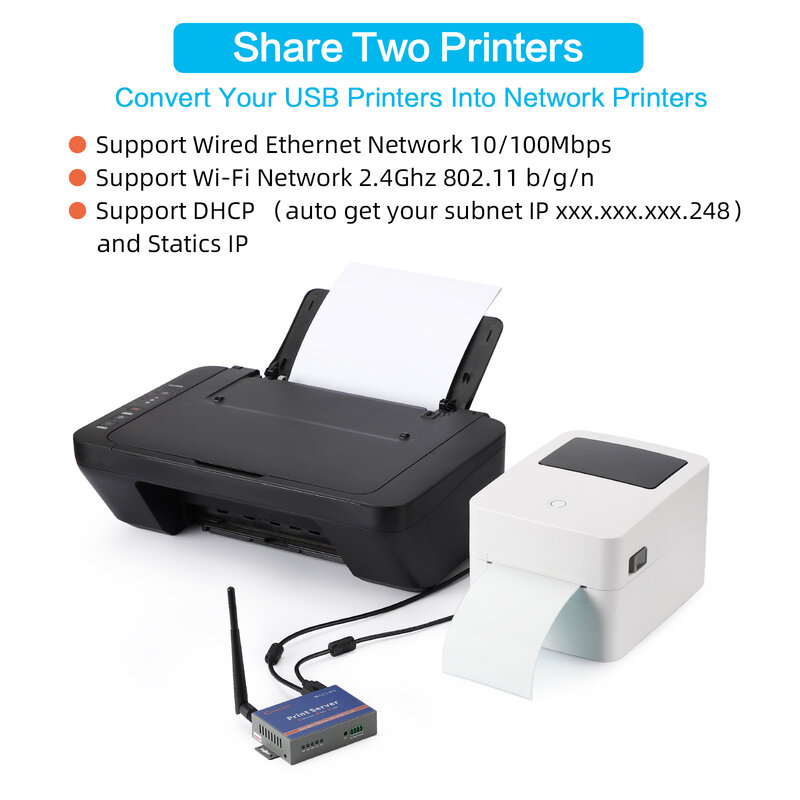 Serveur d'impression sans fil CRAthavec 2 ports USB, partage d'imprimante pour le bureau et la maison, conversion USB en imprimante sans fil (l'ancien modèle est PS2021)