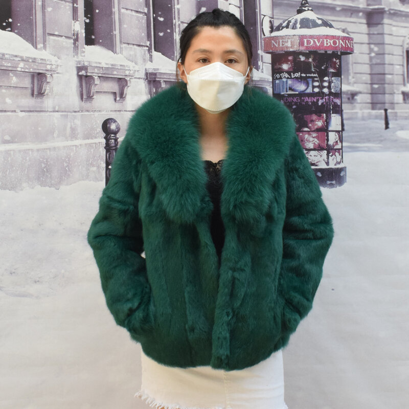 Mantel bulu kelinci asli mode baru untuk wanita jaket khusus hangat mewah tebal rubah alami kerah syal musim dingin