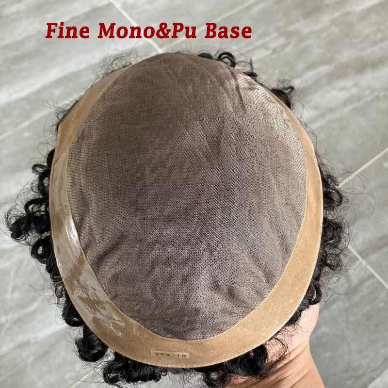 Breathable Australian Lace 8x10 Fine Mono&PU Base Men Toupee 100% Human Hair System Prosthesis 18mm Curly Male Natural Wigs