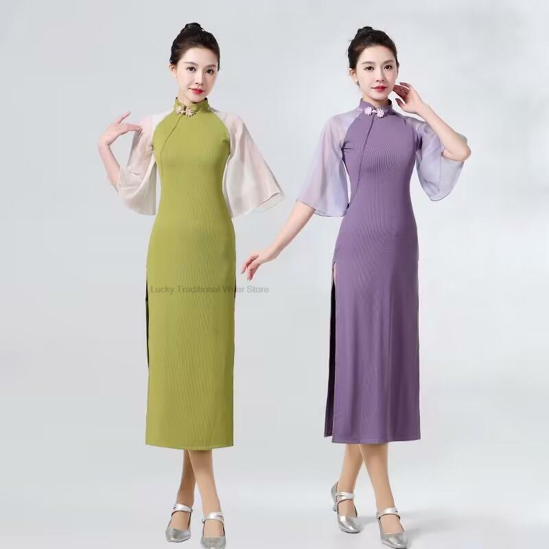 Женское платье-Ципао с высоким разрезом, шифоновое платье для китайских танцев