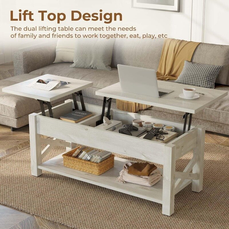 Coffee Table 47.2", 2 Way Lift Top Farmhouse Center Table with Hidden Compartment, Open Shelf & X Wooden Support