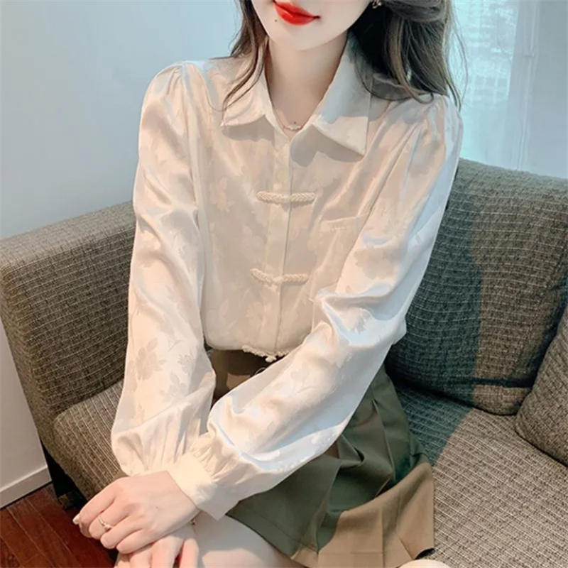 National hemden Frauen chinesische Blusen weiße Tops für Frauen Retro Schnalle Hemd Revers Tasche Blous Cardigan weibliche lose Hemd
