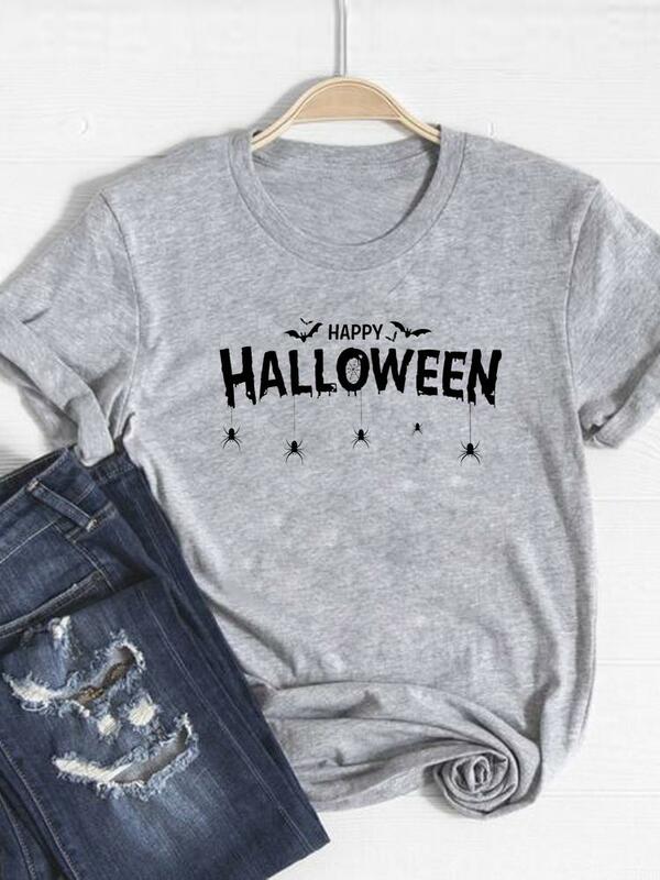 Camiseta gráfica estampada caveira feminina, Camiseta de Halloween, Engraçado 90s Top, Roupas de Ação de Graças, Outono, senhoras, mulheres