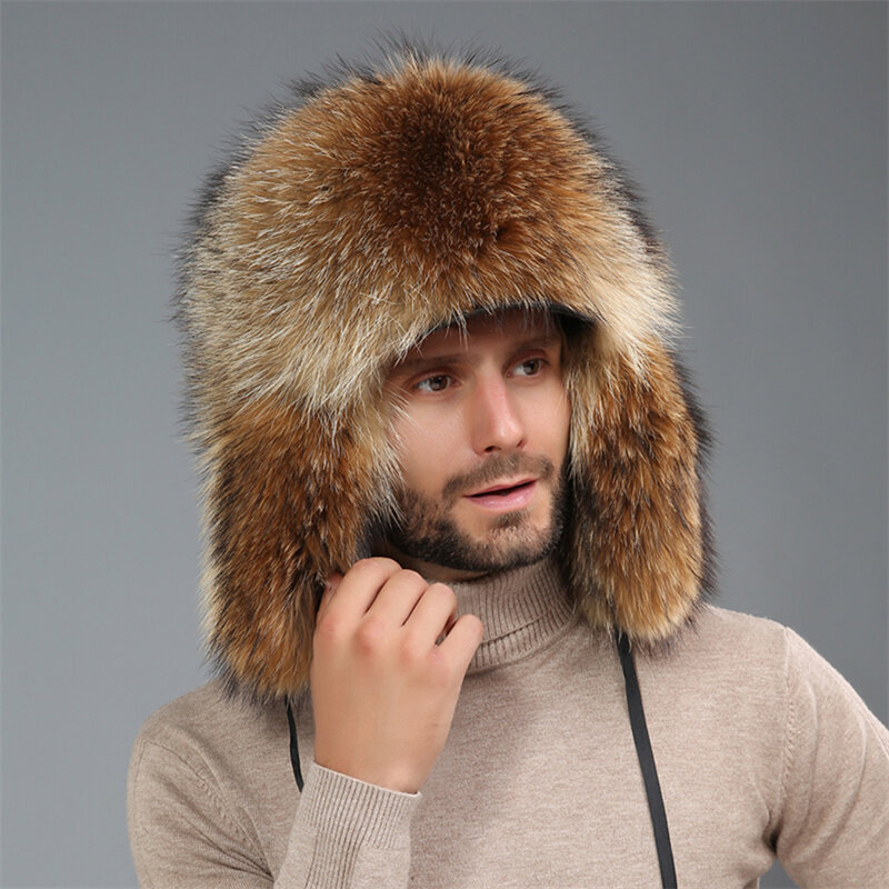 ฤดูหนาวผู้ชาย100% จริง Sliver Fox Fur Bomber หมวก Raccoon ขนสัตว์ Ushanka หมวก Trapper รัสเซียชายสกีหมวกหมวก mens Raccoon หมวกขนสัตว์