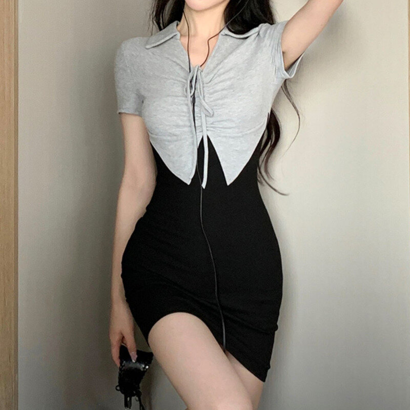 Mini vestido de manga corta con cuello vuelto, vestido ajustado con cordón, ropa Sexy para discoteca, verano, 2024