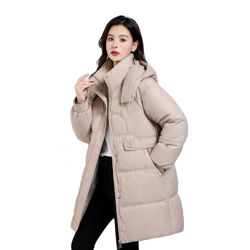 Women's Mid Length Hooded Cotton Jacket, Detachable Coat, Long Clothing, Fashion, New, 2023