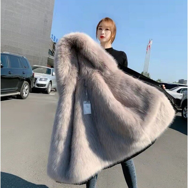 2023 New Women Imitation Fox Fur Liner Removable Parka Winter Mid-Length Thicken Warm Hooded Outwear Fashion Solid Color Outcoat