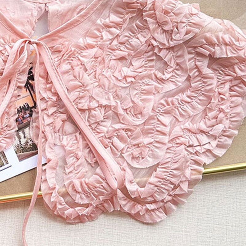 B36D Lace Up Pink Fake Collar for Women 3D Ruffled Ruched Necklace Mini Shawl Wrap