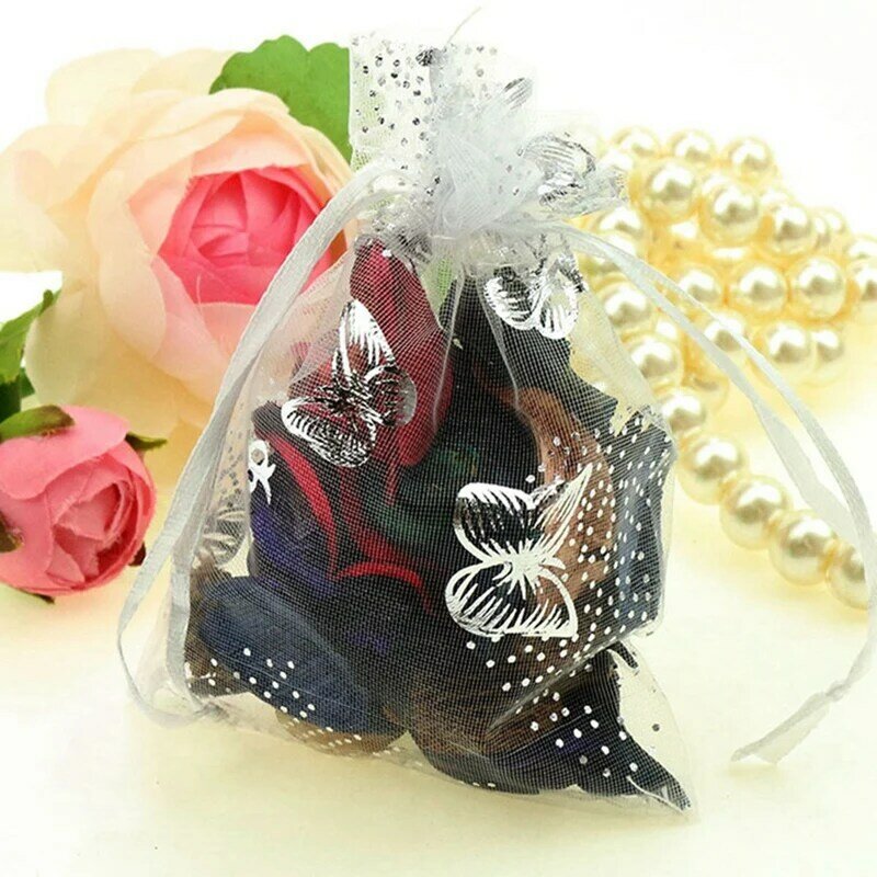 200Pcs 9X12cm Butterfly Organza Jewelry Gift Pouch Candy Pouch Drawstring Wedding Favor Bags White