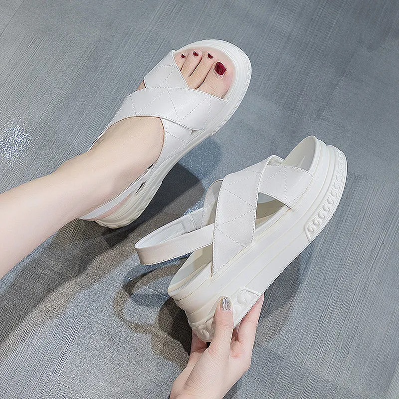 Sandalias de plataforma de 7cm de alta calidad para Mujer, zapatos de cuña de cuero genuino de vaca completo, zapatos de playa, Sandalias de verano