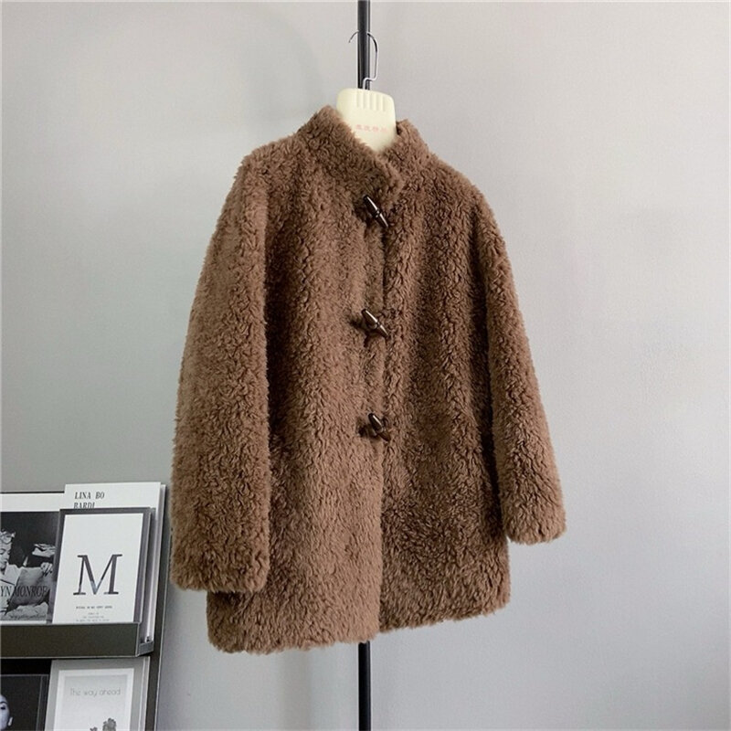 PT437 Female Sheep Shearling Jacket Croco Button Winter High-grade Fashion Thickened Real Wool Warm Coat