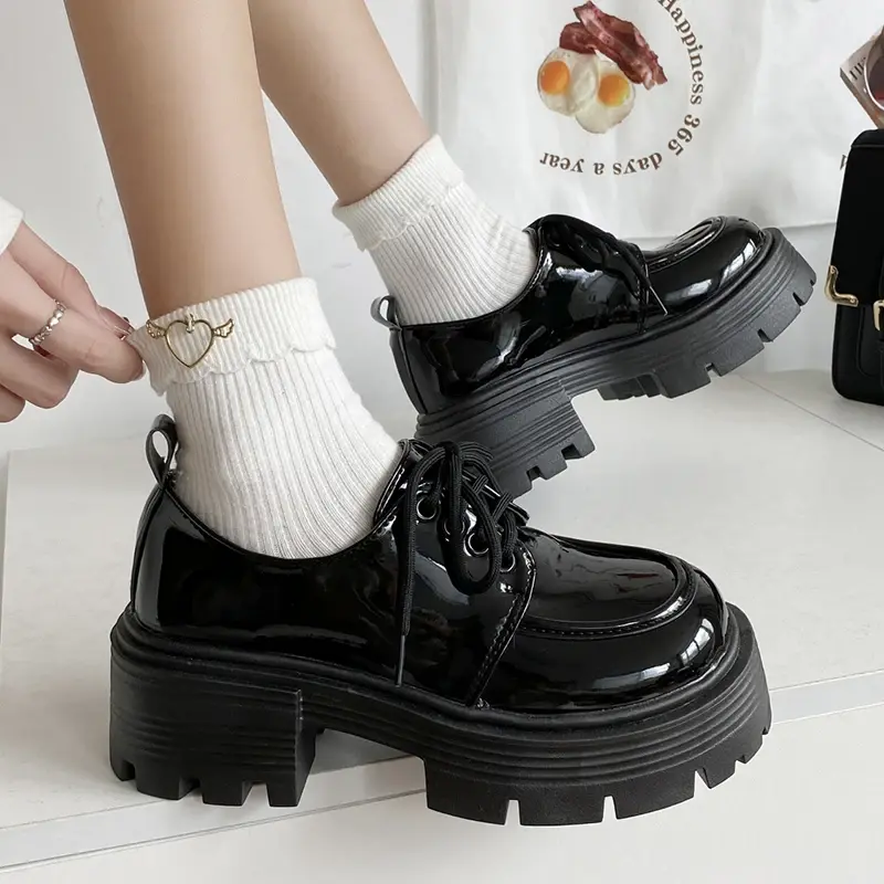 Patent Leather Platform Loafers Women 2024 Preppy Style Lace Up Oxford Shoes Woman Black Thick Bottom Y2K Shoes Female