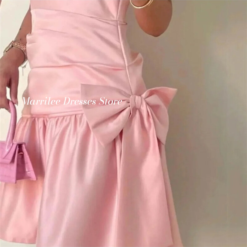 Marrilee Charming Princess Pink Short One Shoulder Stain Evening Dress With Bow Elegant Pleated Sleeveless Knee Length Prom Gown